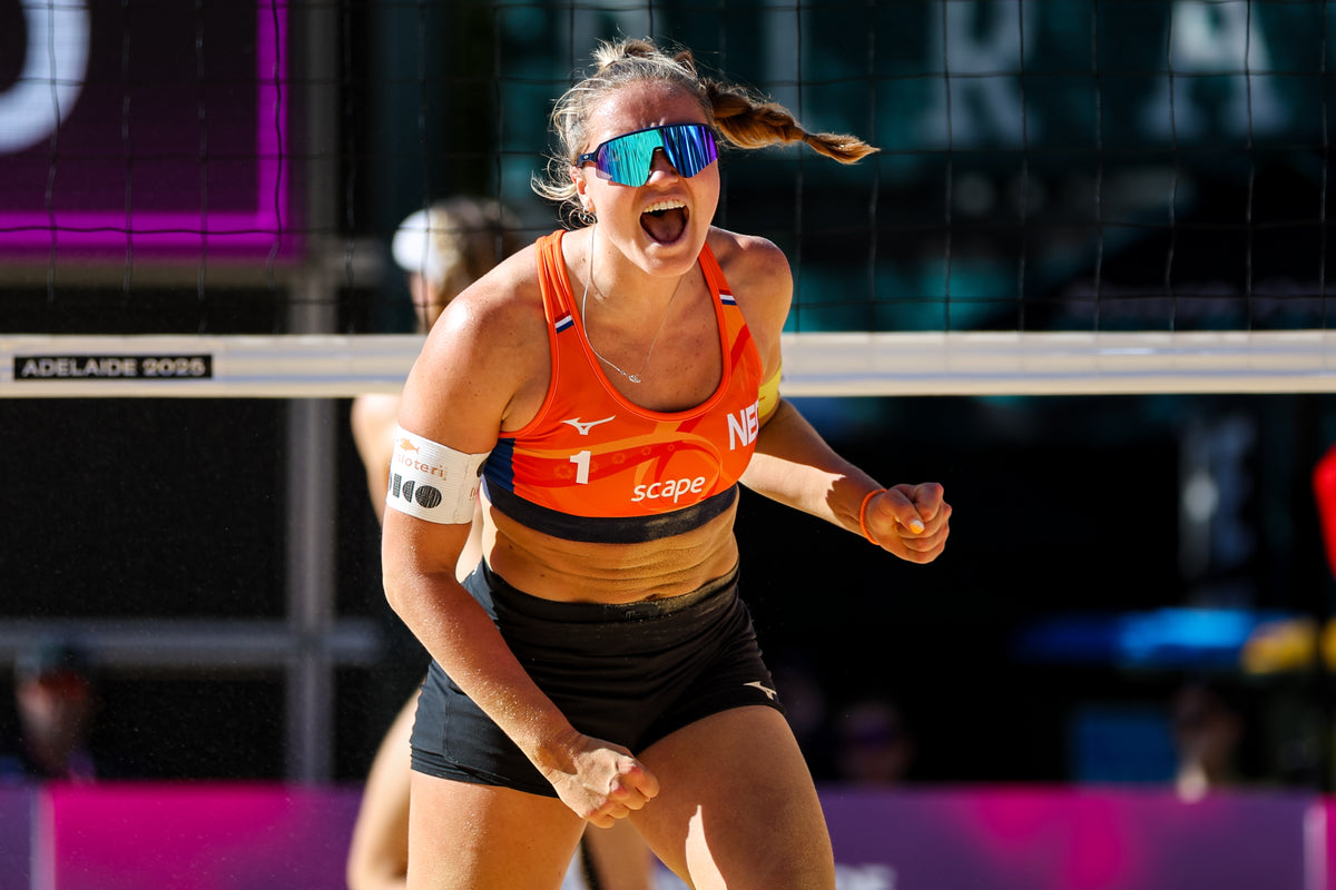 Emi van Driel celebrating a point, Netherlands beach volleyball